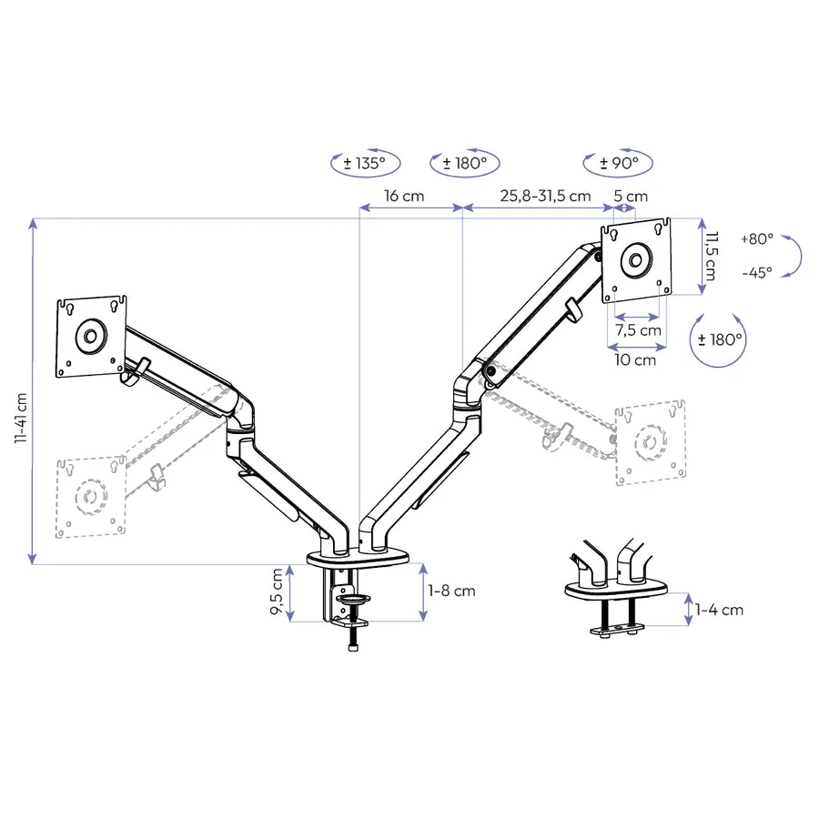 Dimensões Braço Articulado para Monitor Elements Axion Duplo