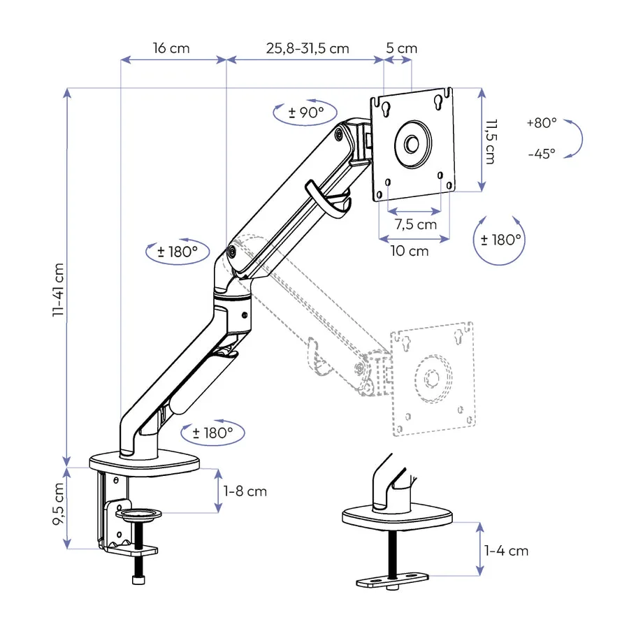 Dimensões Braço Articulado para Monitor Elements Axion